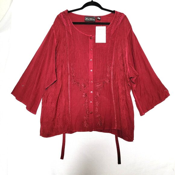 Jewel Queen Tunic Top Womens Sz 3X Button Up 3/4 Sleeves Embroidered Drk Red NWT - Picture 1 of 13